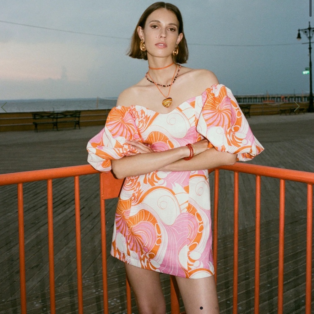 RHODE Off-Shoulder Dress in Orange and Pink